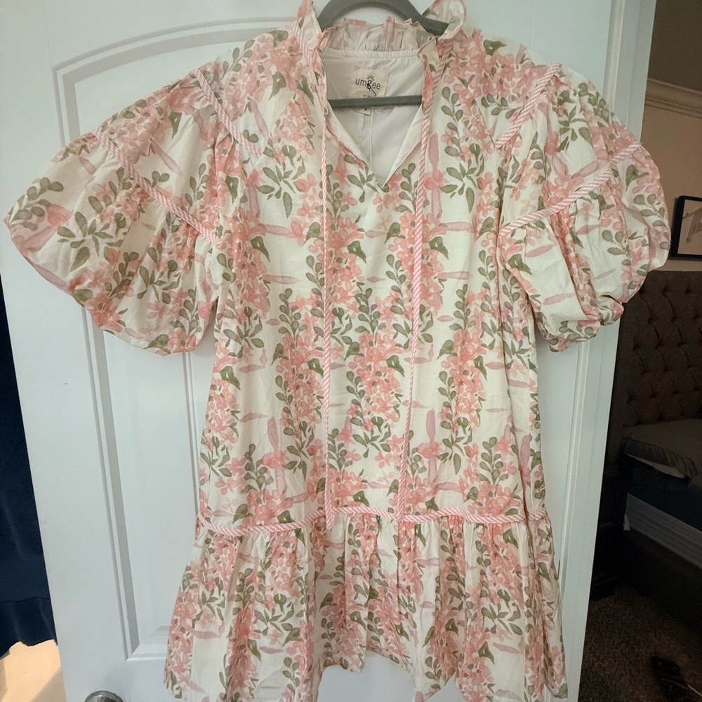 Umgee Cream Floral Tiered Puff Sleeve Dress with Pink & Green Print